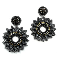 Handcrafted Black Seed Beaded Floral Earrings in Black Silvertone