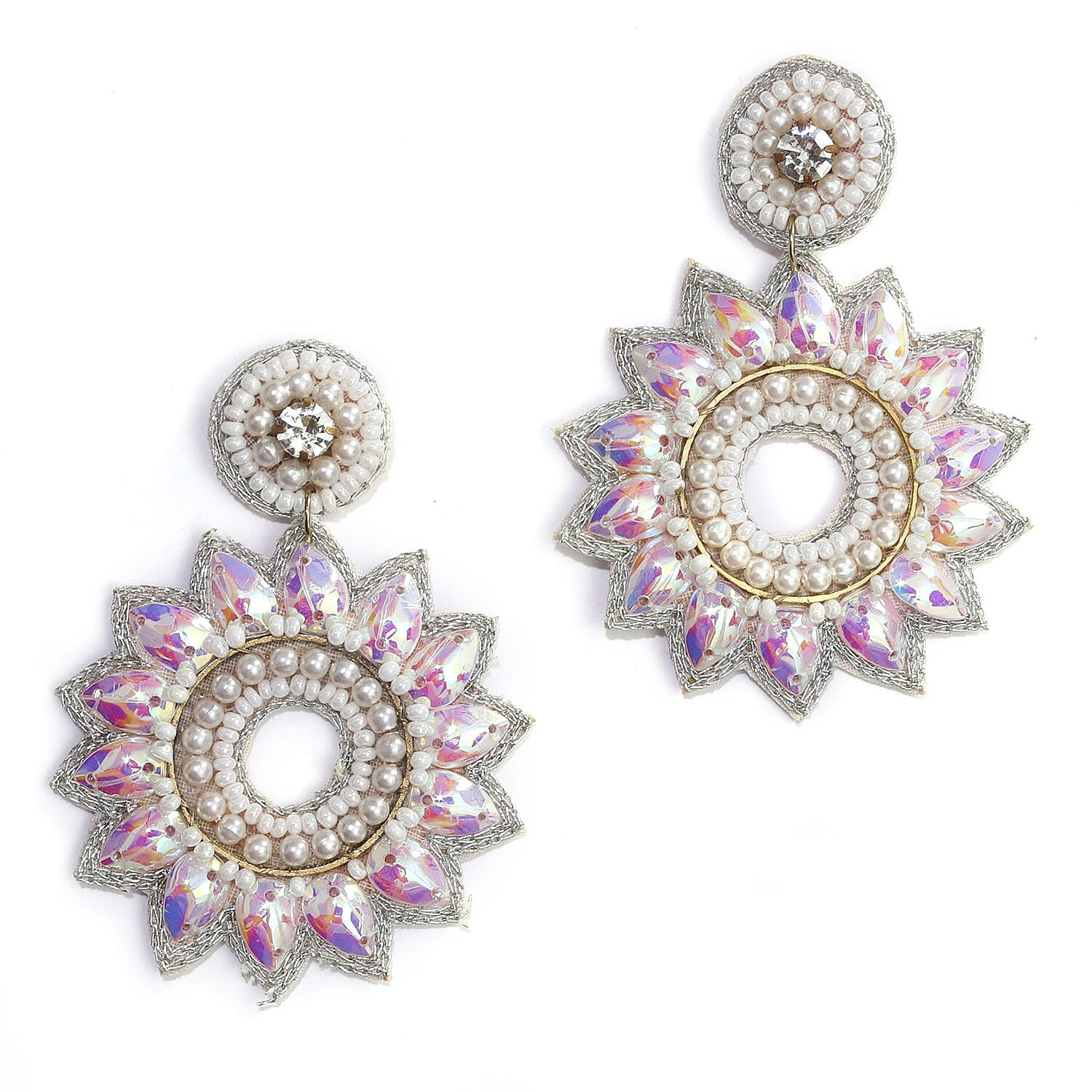 Handcrafted White Seed Beaded Floral Design Earrings in Goldtone