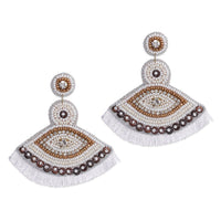 Handcrafted White Seed Beaded Evil Eye Theme Earrings in Goldtone