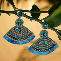 Handcrafted White Seed Beaded Evil Eye Theme Earrings in Goldtone