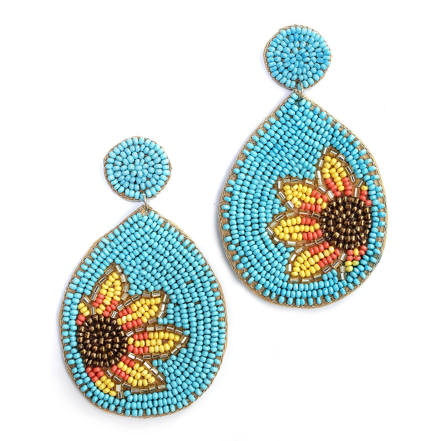 Handcrafted Turquoise Seed Beaded Sunflower Design Earrings in Goldtone