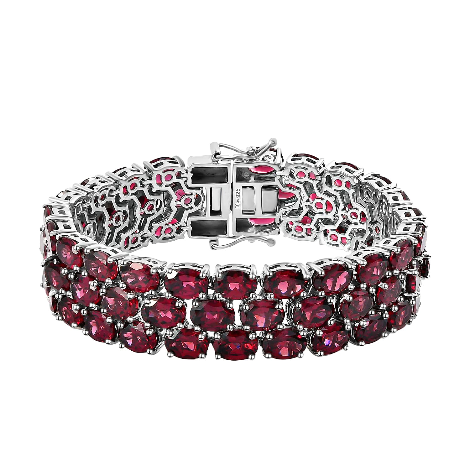 Orissa Rhodolite Garnet 3 Row Tennis Bracelet in Platinum Over Sterling Silver (6.50 In) (25.75 g) 65.30 ctw