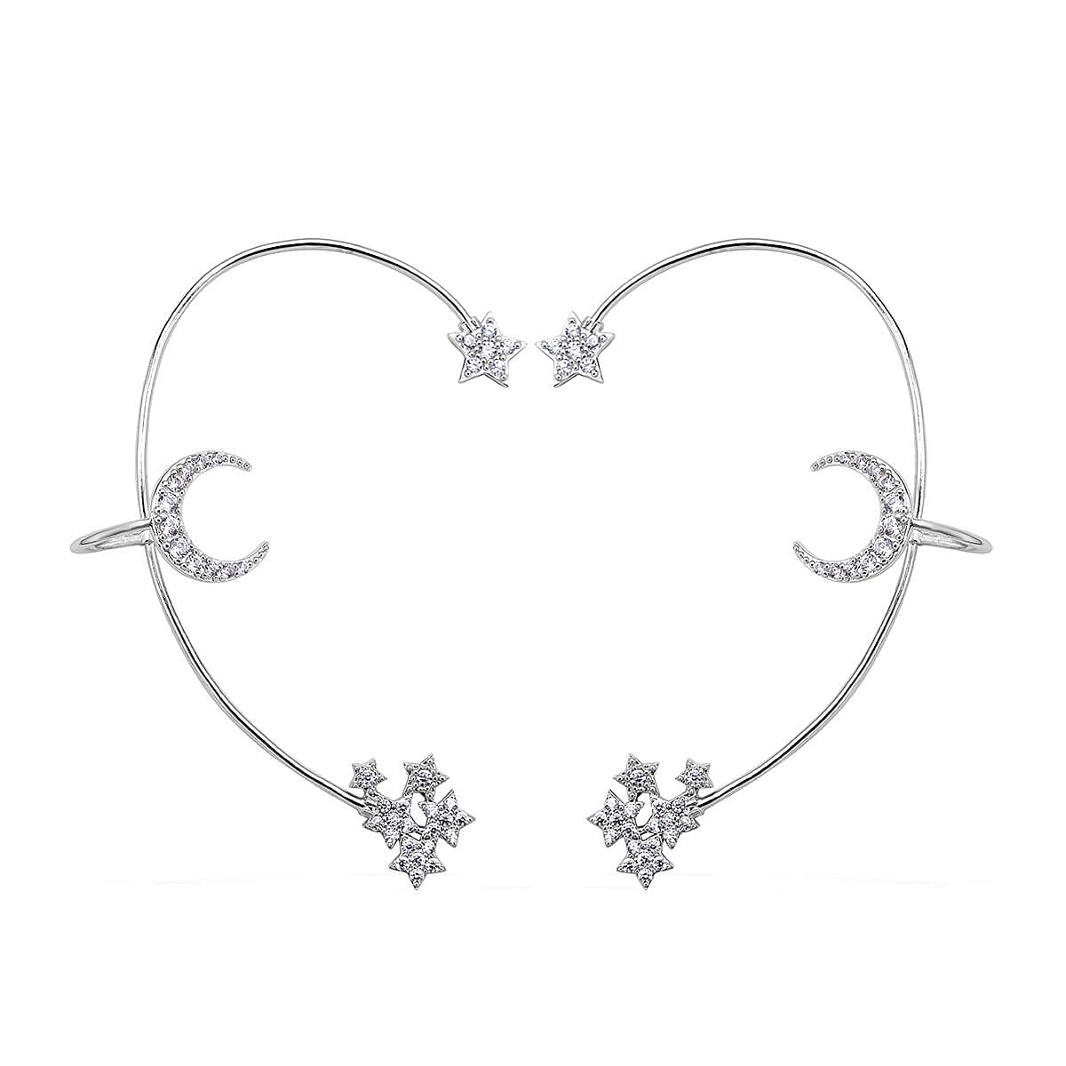 Simulated Diamond Celestial Moon & Star Ear Climbers in Rhodium Over Sterling Silver 1.35 ctw