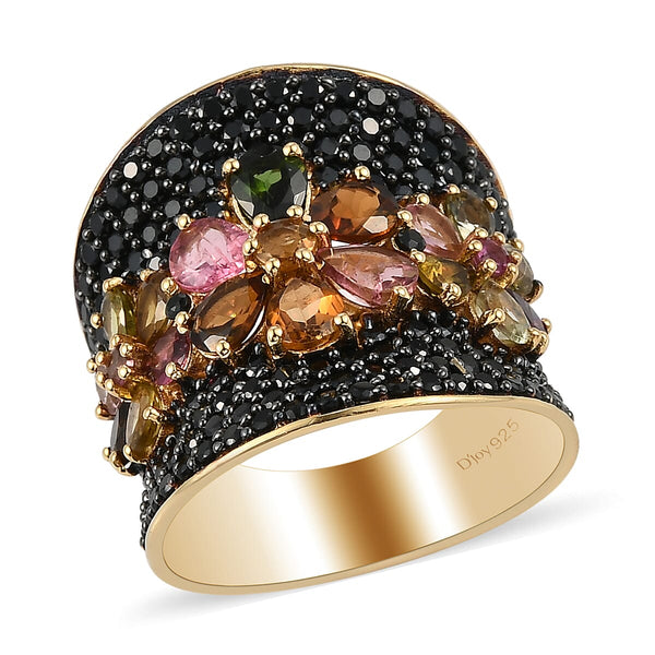 Multi-Tourmaline and Natural Thai Black Spinel Ring in Rhodium and Vermeil Yellow Gold Over Sterling Silver 9.65 Grams 6.40 ctw - Product card gallery slide 1 (10176835682617)