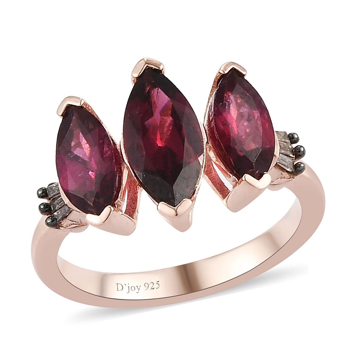 Orissa Rhodolite Garnet and Natural Champagne Diamond 3 Stone Ring in Vermeil Rose Gold Over Sterling Silver (Size 10.0) 2.50 ctw (1)