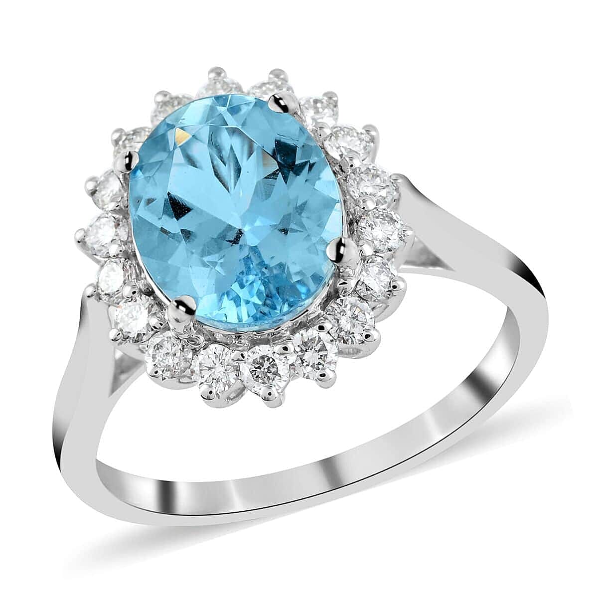 Certified & Appraised Rhapsody 950 Platinum AAAA Santa Maria Aquamarine, Diamond (E-F, VS) (0.47 cts) Sunburst Ring (Size 7.0) (5.25 g) 2.65 ctw