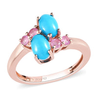 AMERICAN Natural Sleeping Beauty Turquoise and Madagascar Pink Sapphire Bypass Ring in Vermeil Rose Gold Over Sterling Silver 1.15 ctw