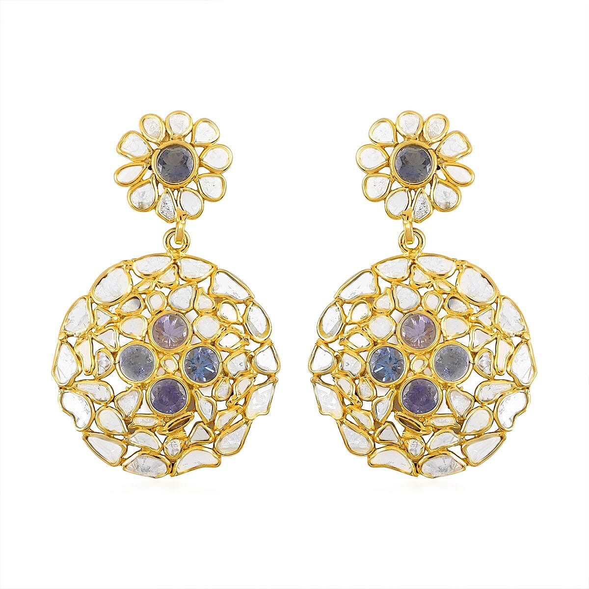 Polki Diamond and Tanzanite Round Flower Earrings in 14K Yellow Gold Over Sterling Silver 5.30 ctw