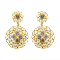 Polki Diamond and Tanzanite Round Flower Earrings in 14K Yellow Gold Over Sterling Silver 5.30 ctw