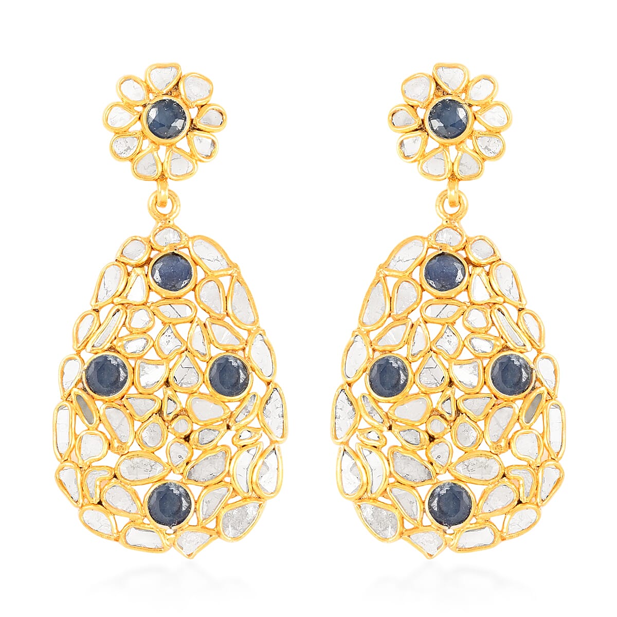 Polki Diamond and Blue Sapphire Oval Flower Earrings in 14K Yellow Gold Over Sterling Silver 7.50 ctw