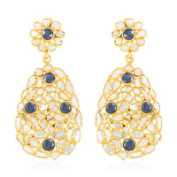 Polki Diamond and Blue Sapphire Oval Flower Earrings in 14K Yellow Gold Over Sterling Silver 7.50 ctw