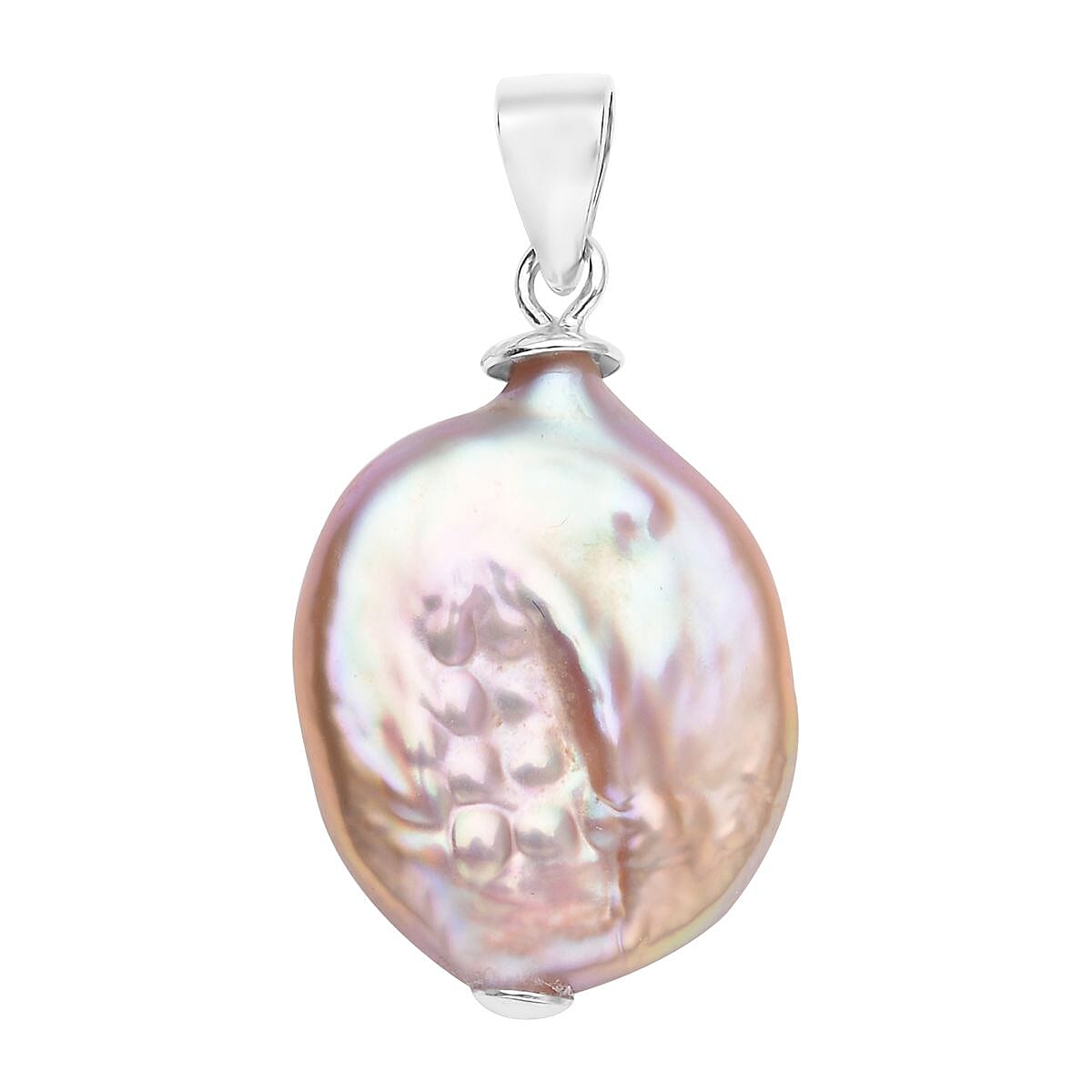 Purple Coin Keshi Pearl Pendant without Chain in Rhodium Over Sterling Silver 8.50 ctw