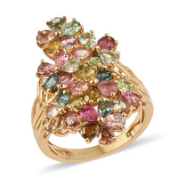 Multi-Tourmaline Elongated Floral Ring in Vermeil Yellow Gold Over Sterling Silver 4.85 ctw