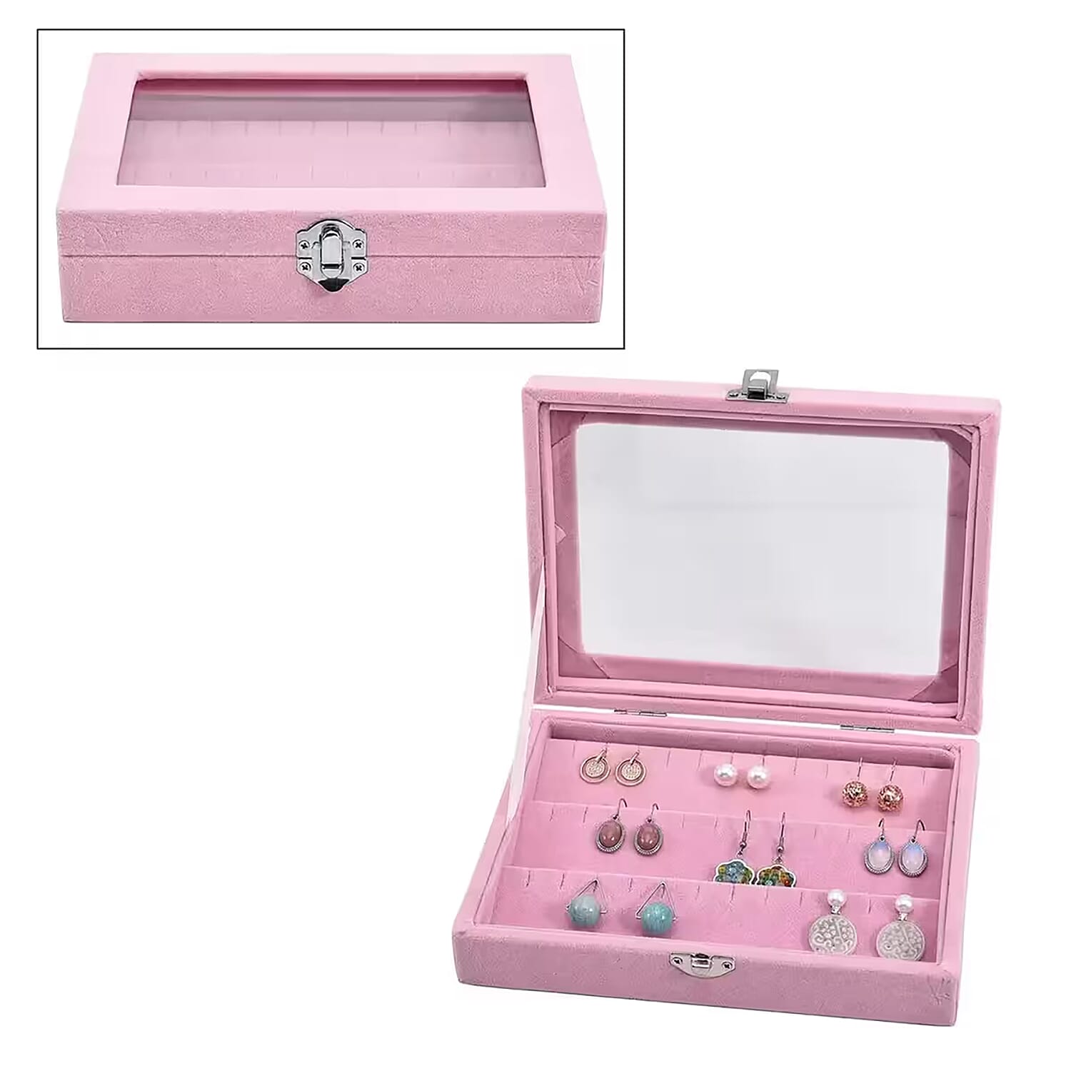 Pink Velvet Earring Box with Glass Window (7.9"x5.9"x1.8")