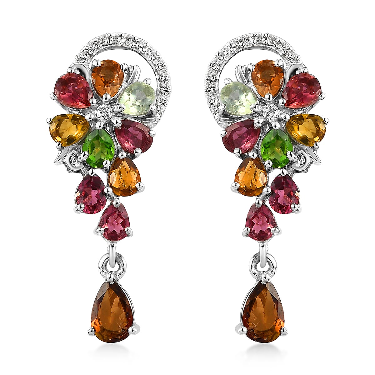 Multi-Tourmaline and White Zircon Drop Earrings in Platinum Over Sterling Silver 3.40 ctw