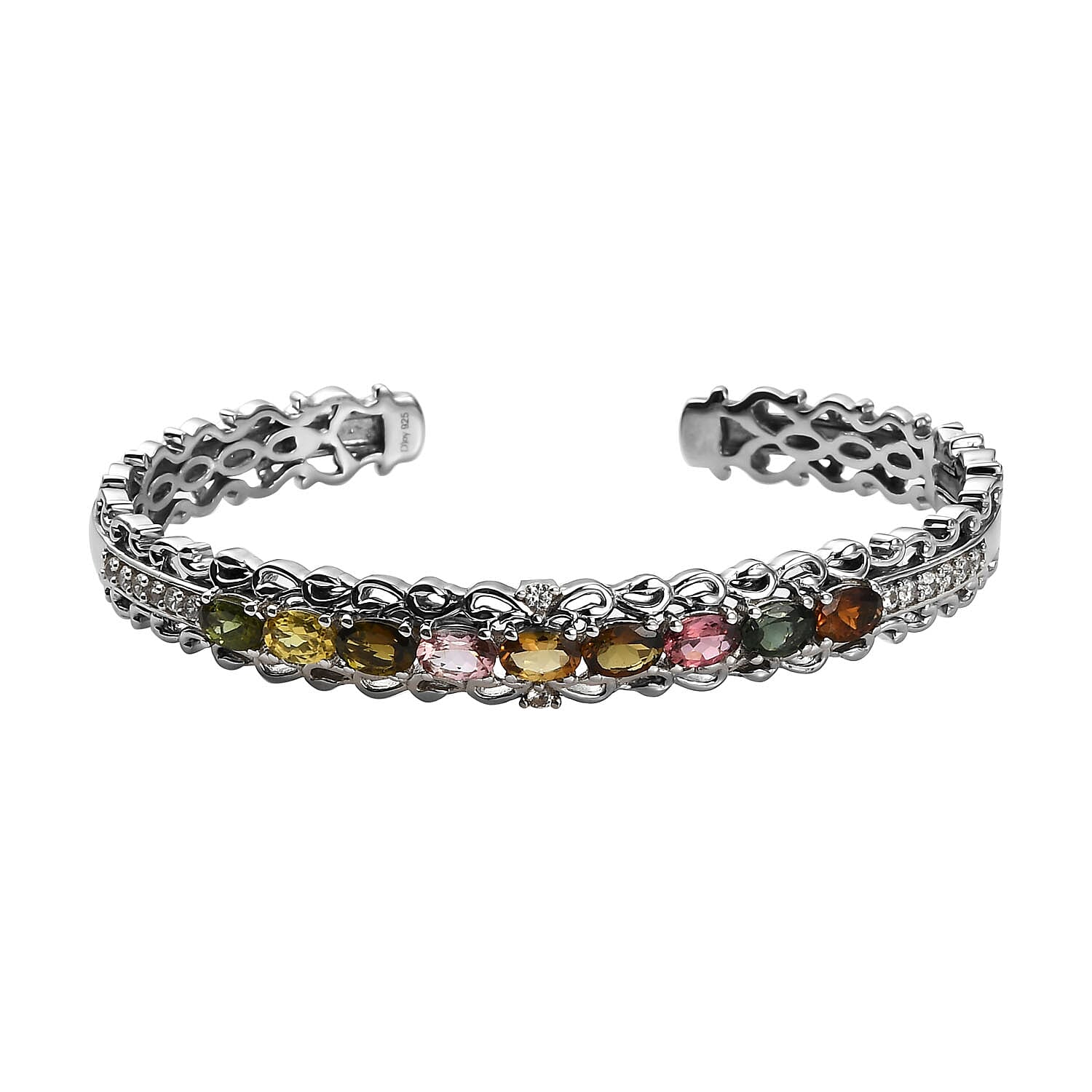 Multi-Tourmaline and White Zircon Cuff Bracelet in Platinum Over Sterling Silver (7.25 In) 4.50 ctw