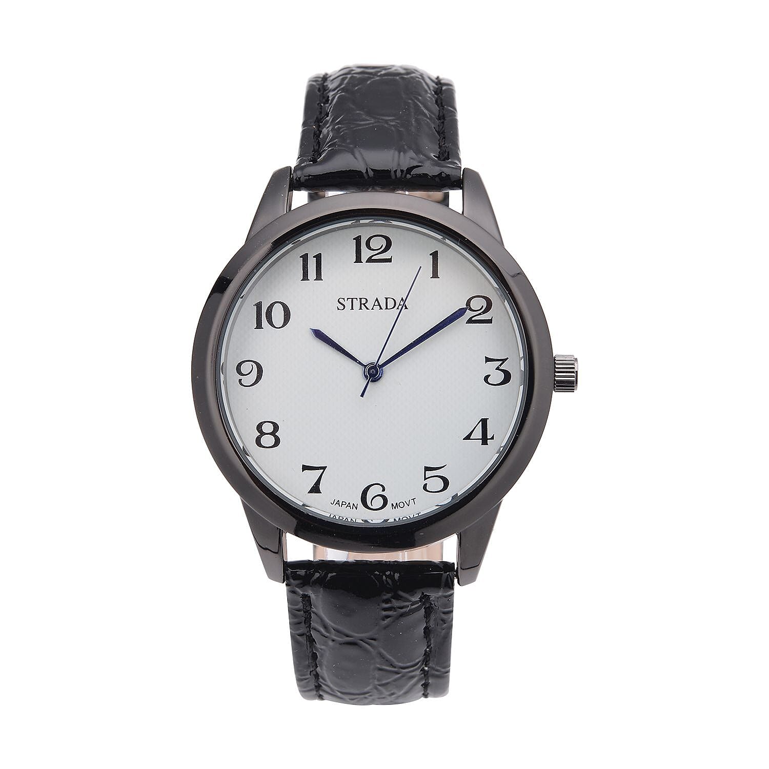 STRADA Japanese Movement Watch with Black Crocodile Embossed Faux Leather Strap (38mm)