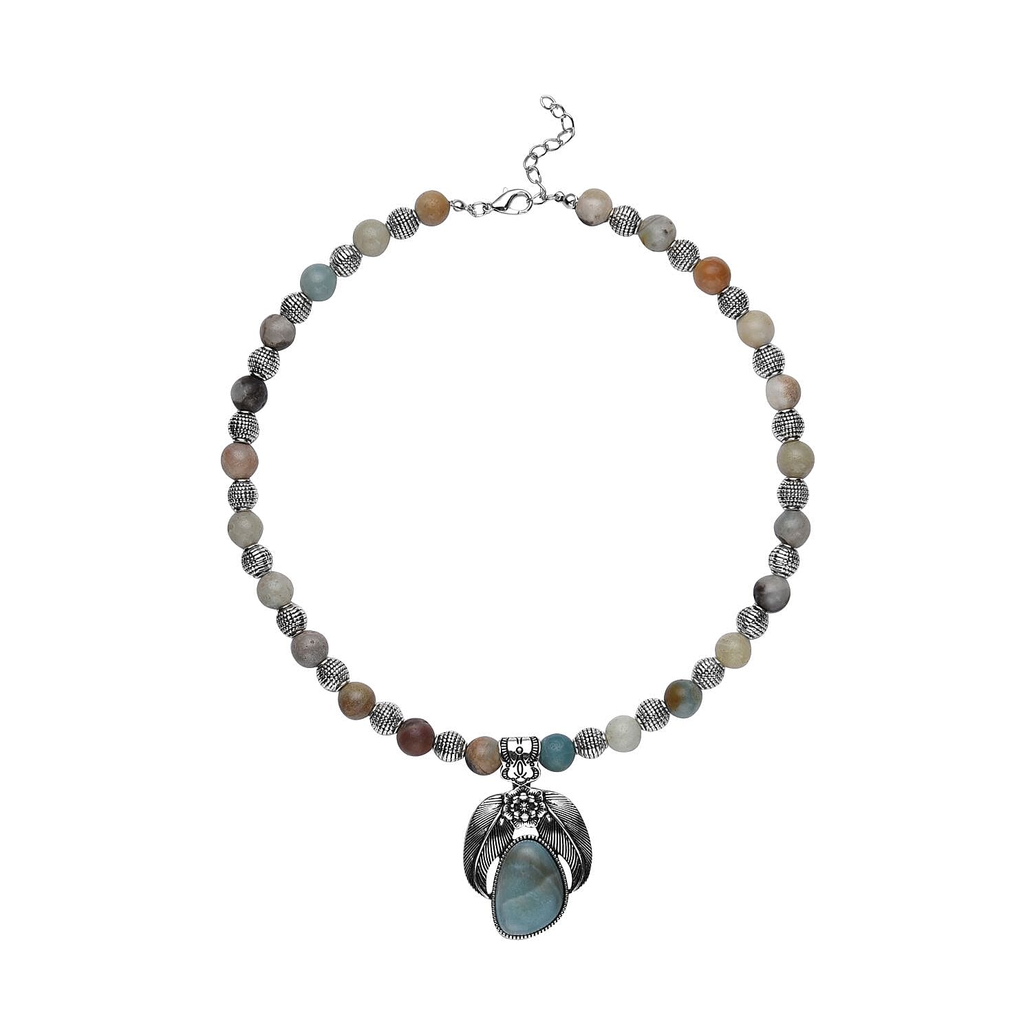 Multi Color Amazonite Floral Pendant on Beaded Necklace 18-20 Inches in Black Oxidized Silvertone 350.00 ctw