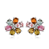 Multi-Tourmaline and Natural White Zircon Floral Stud Earrings in Platinum Over Sterling Silver 1.65 ctw