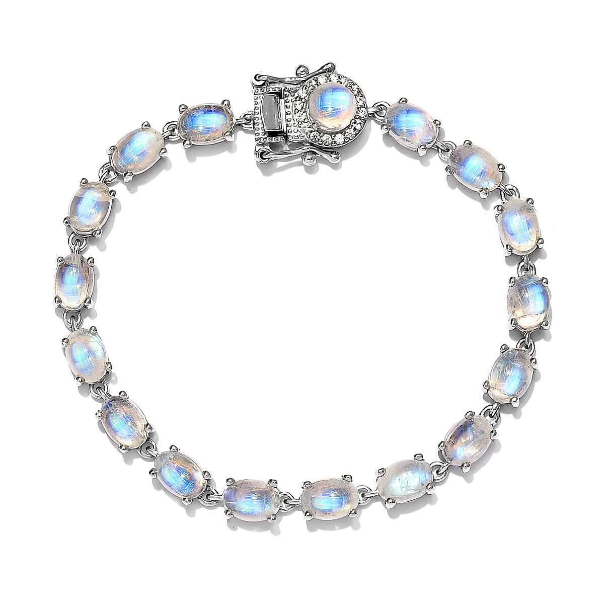 Kuisa Rainbow Moonstone, Natural White Zircon Bracelet in Platinum Over Sterling Silver (6.50 In) (8.55 g) 18.40 ctw