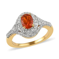 Mexican Fire Opal and Natural White Zircon Cocktail Ring in Vermeil Yellow Gold Over Sterling Silver 1.25 ctw
