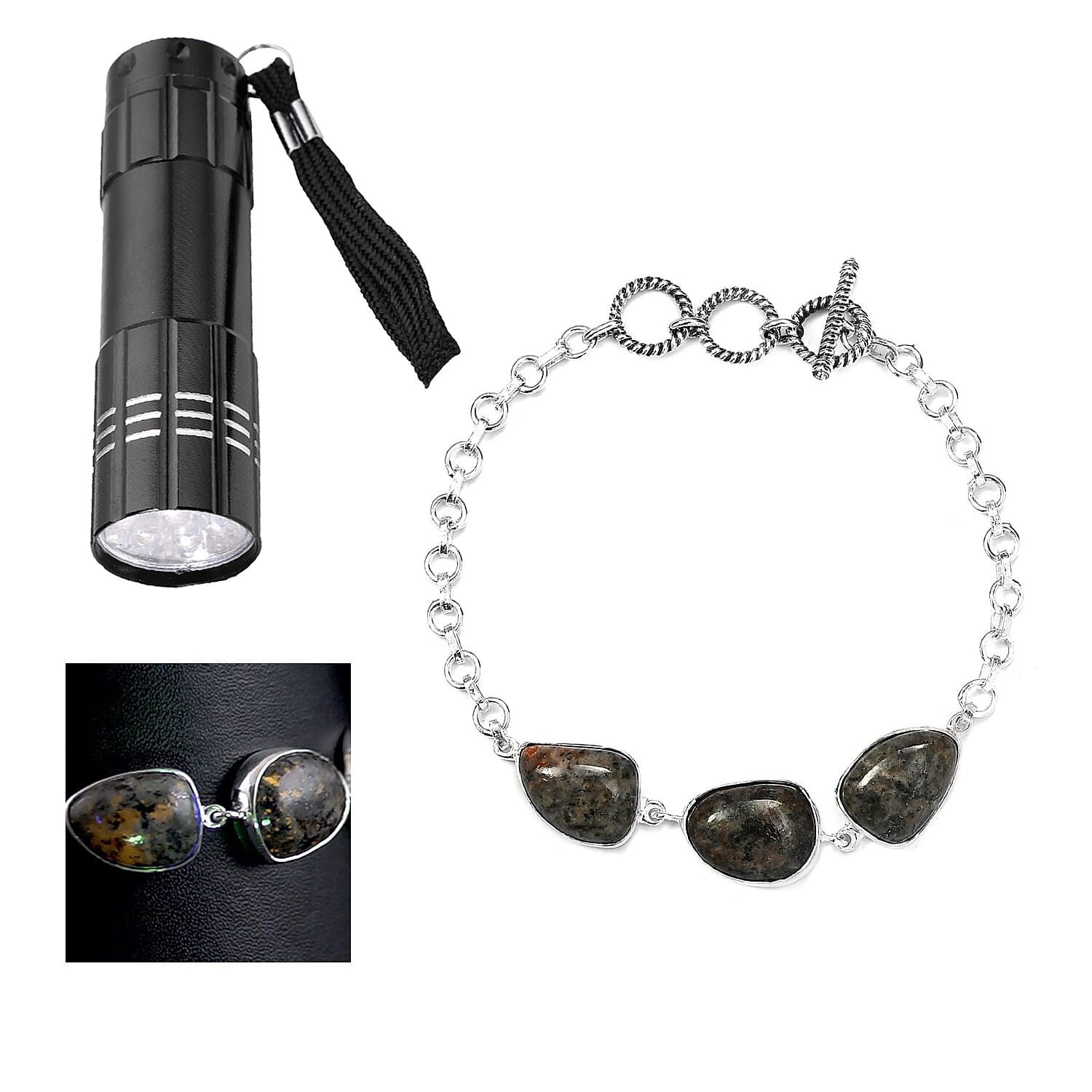 Artisan Crafted Natural Yooperlite Toggle Clasp Bracelet in Sterling Silver (6.50-8.0In) 22.25 ctw with Free UV Flash Light