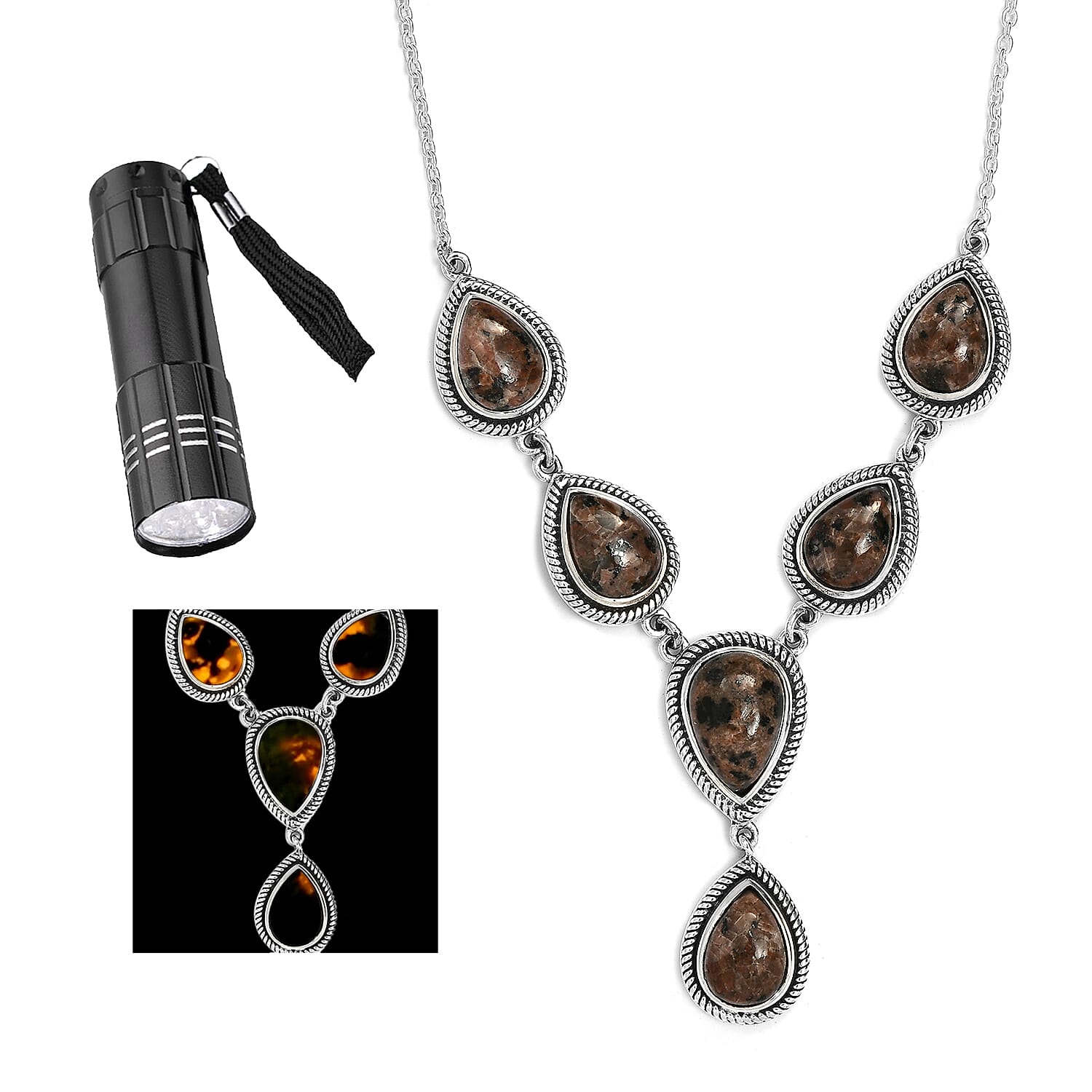 Artisan Crafted Natural Yooperlite Fancy Necklace 18 Inches in Sterling Silver 12.65 ctw with Free UV Flash Light
