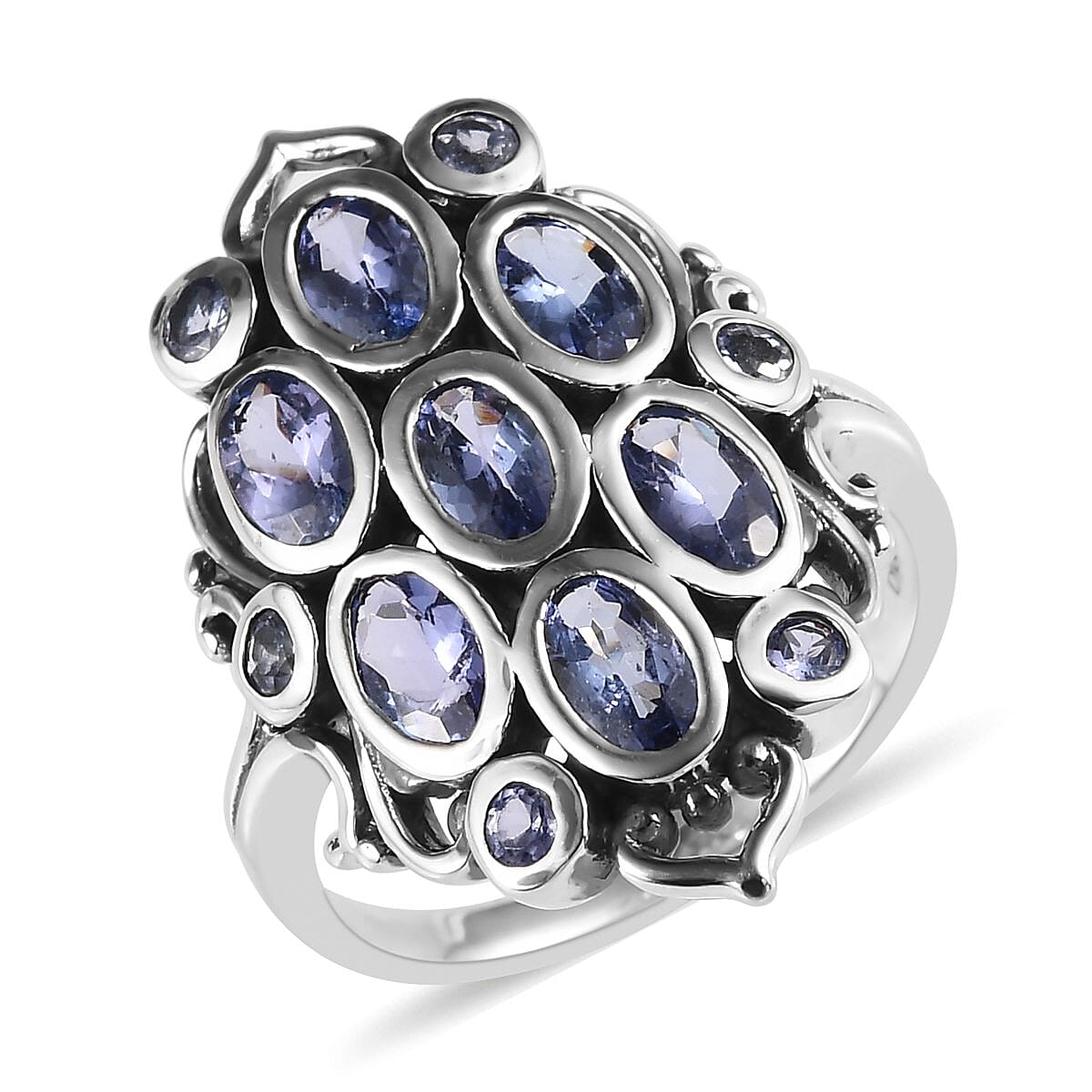 Artisan Crafted Tanzanite Cluster Ring in Sterling Silver 1.60 ctw