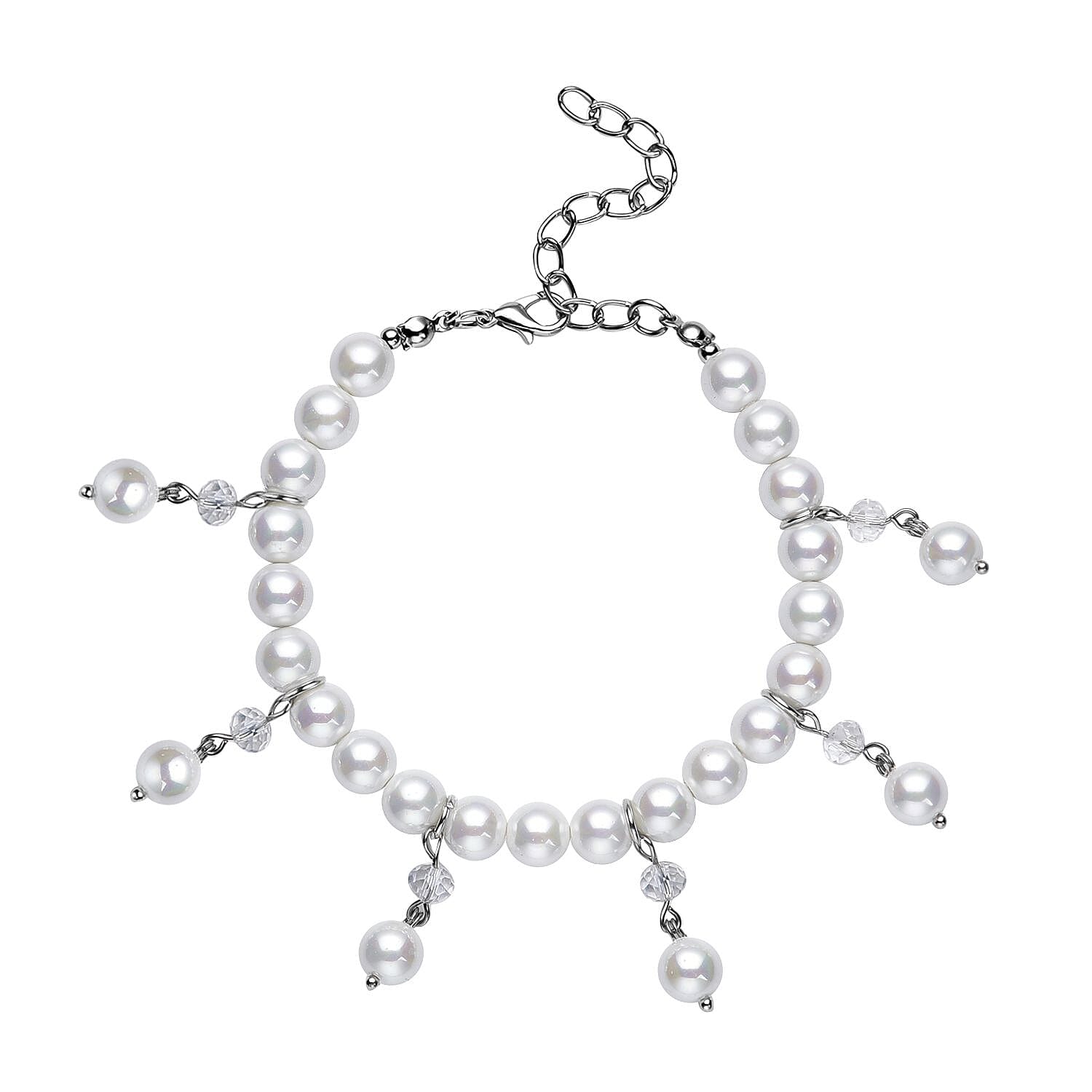 White Shell Pearl and White Glass Beaded Anklet or Bracelet 8-11 Inches in Silvertone