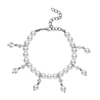 White Shell Pearl and White Glass Beaded Anklet or Bracelet 8-11 Inches in Silvertone