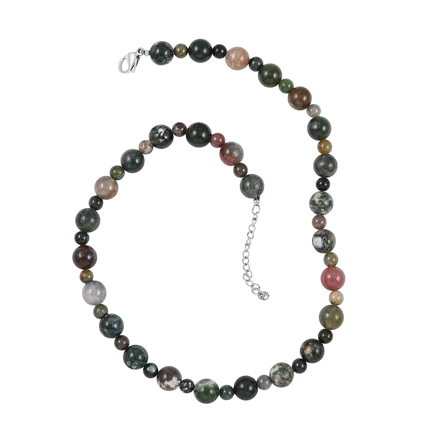 Multi Jasper Beaded Necklace (18-20 Inches) in Rhodium Over Stainless Steel 168.00 ctw | Tarnish-Free, Waterproof, Sweat Proof Jewelry