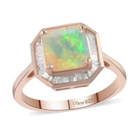 Asscher Cut Premium Ethiopian Welo Opal and Diamond Ring in Vermeil Rose Gold Over Sterling Silver 1.65 ctw