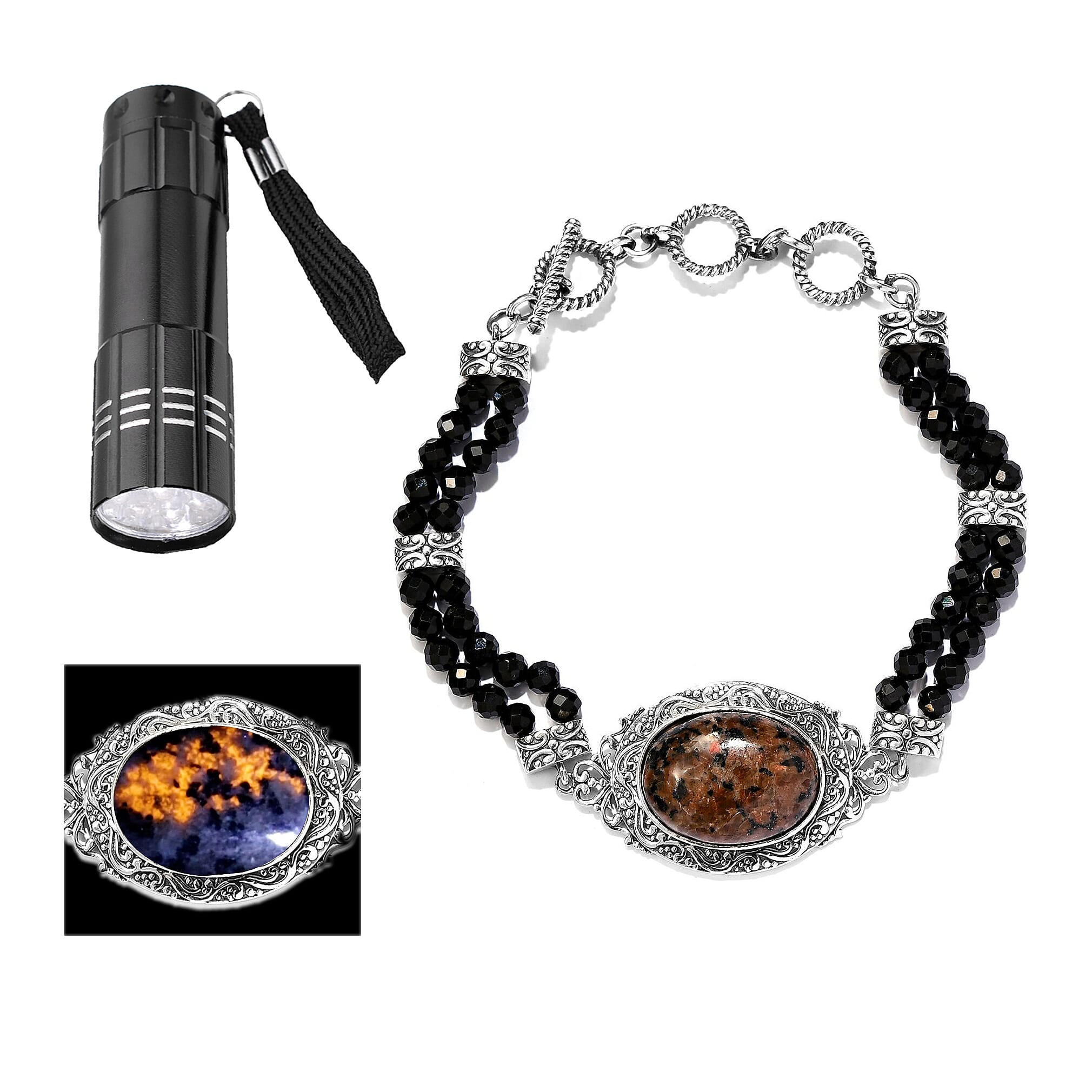 Artisan Crafted Natural Yooperlite and Thai Black Spinel Bracelet in Sterling Silver (7.25 In) 44.30 ctw with Free UV Flash Light