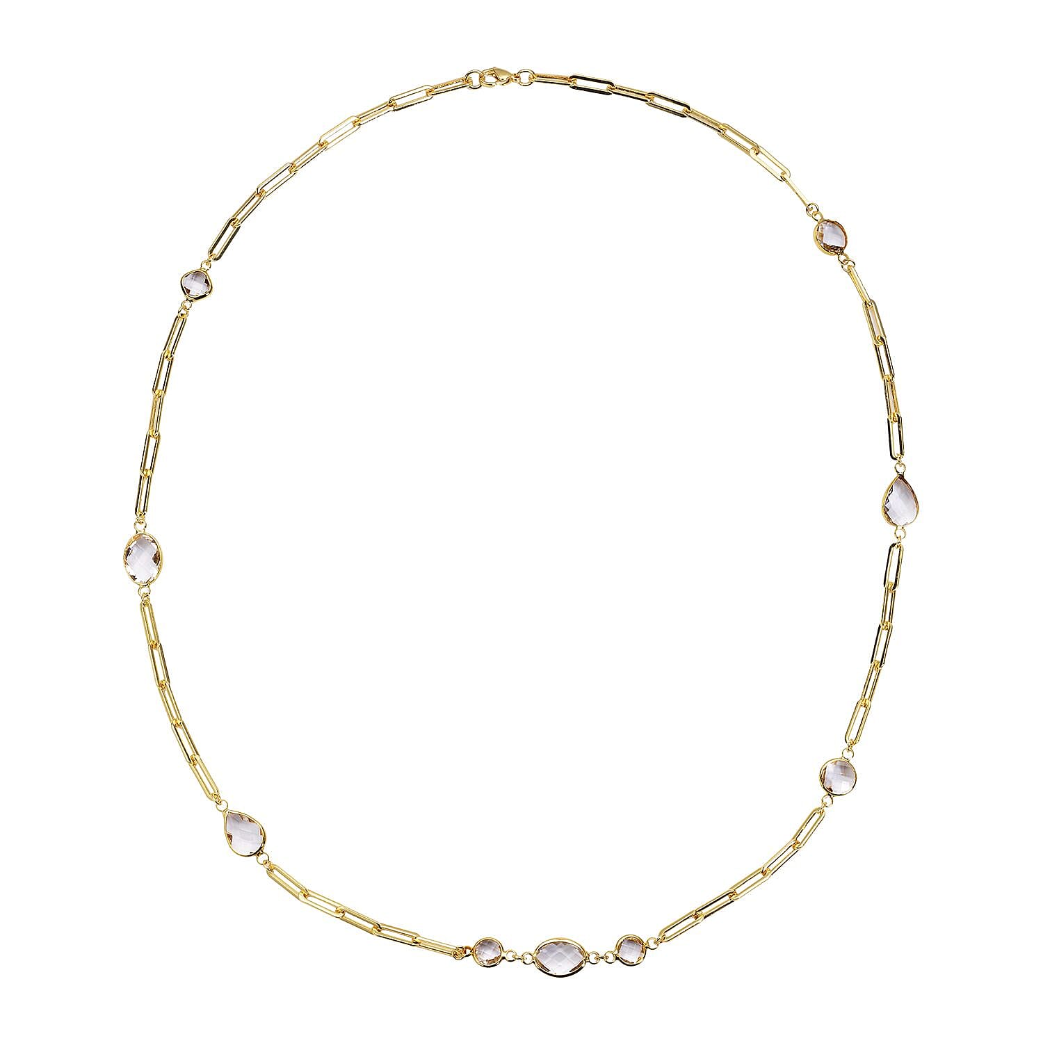 Simulated White Topaz Paper Clip Chain Station Necklace 28 Inches in ION Plated Yellow Gold Stainless Steel