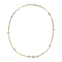 Simulated White Topaz Paper Clip Chain Station Necklace 28 Inches in ION Plated Yellow Gold Stainless Steel