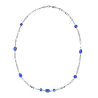 Simulated Blue Sapphire Paper Clip Chain Station Necklace in Stainless Steel 28 Inches