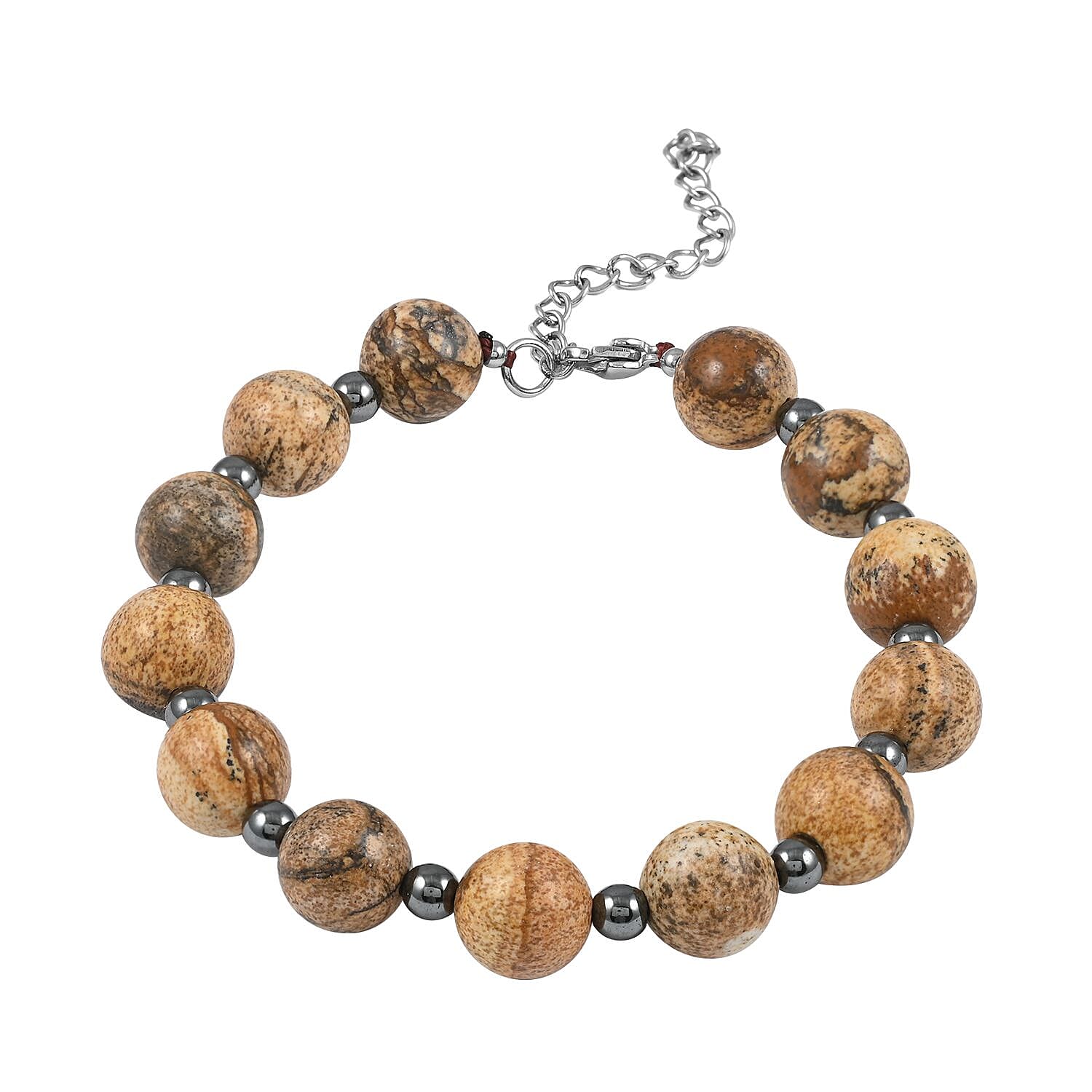 Picture Jasper, Hematine Station Beaded Bracelet in Rhodium Over Stainless Steel (7.00-9.00In) 104.00 ctw