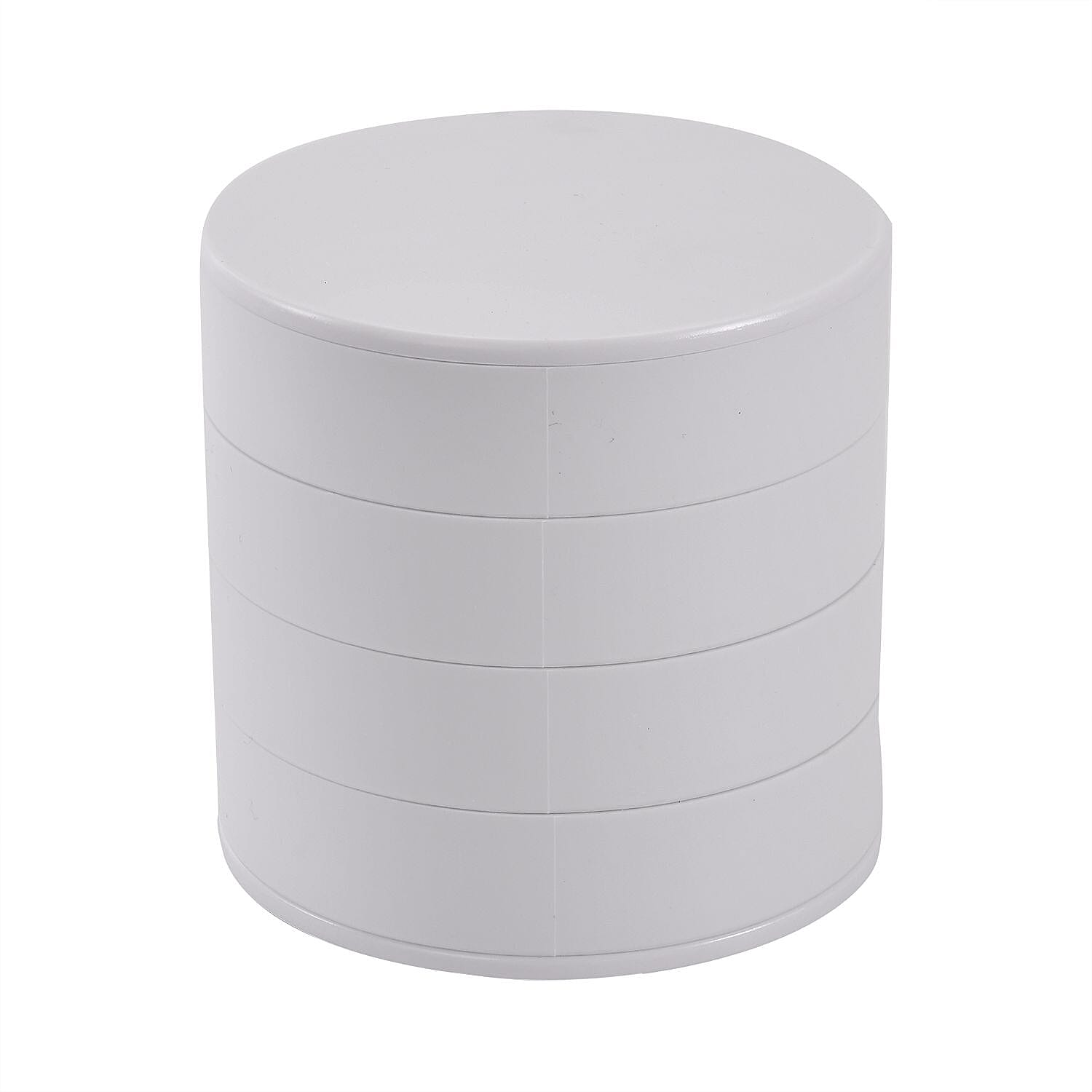 White 360 Degree Rotatable Round Shape 4 Layer Jewelry Organizer with Mirror (3.9"x3.9"x7.7")