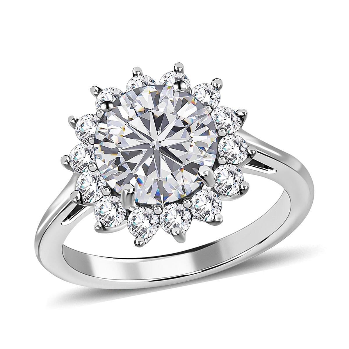 TLV Moissanite (VS-EF) Halo Ring in Platinum Over Sterling Silver (Size 10.0) 2.60 ctw