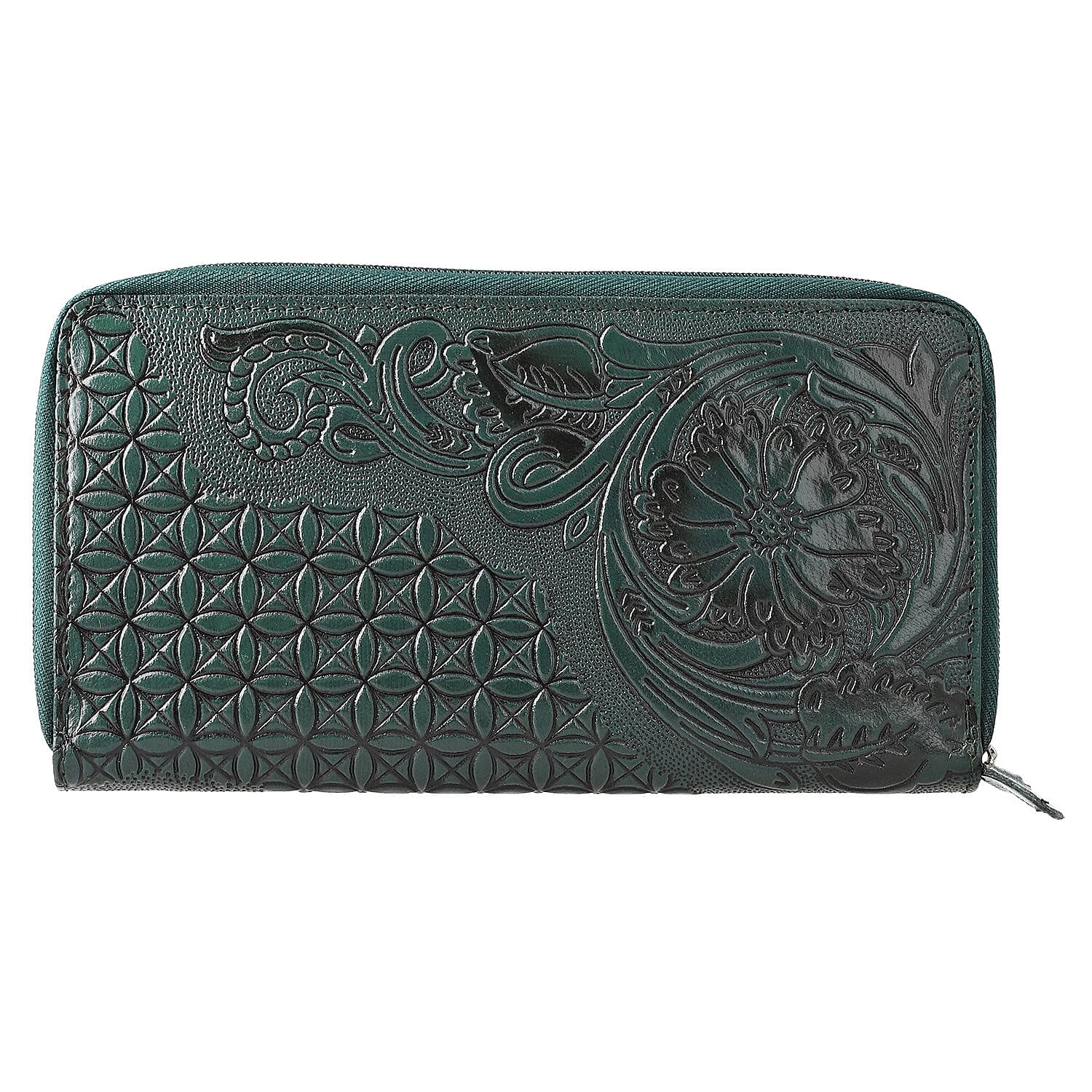 "RFID Protected hand floral embossed Leather Women's Wallet  SIZE: 8(L)x1(W)x4.25(H) inches COLOR: Green"