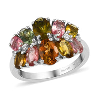 Multi-Tourmaline, Natural White Zircon Ring in Platinum Over Sterling Silver (Size 5.0) 2.60 ctw
