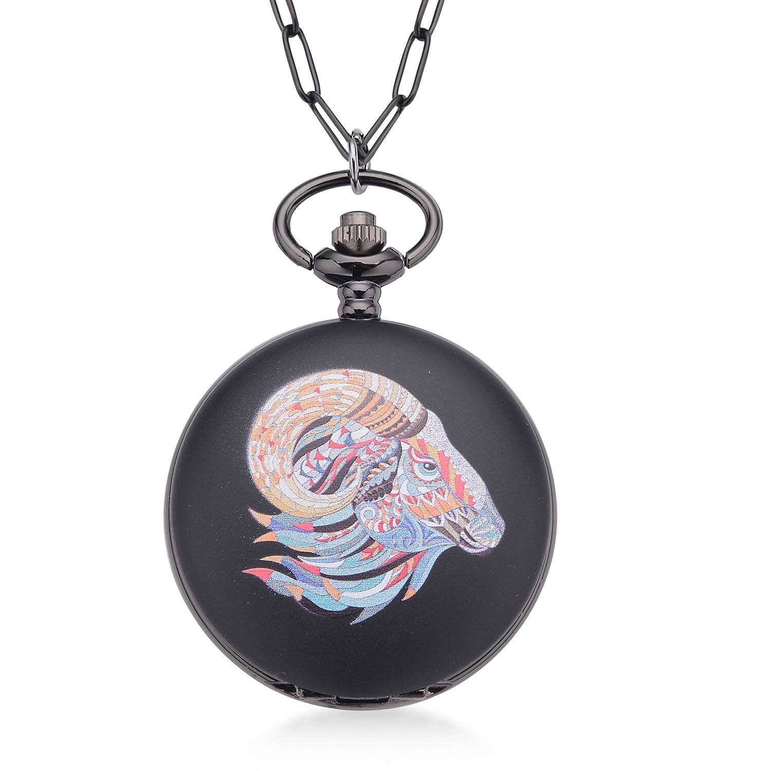 STRADA Japanese Movement 3D Printing Ram Pattern Pocket Watch in ION Plated Black Stainless Steel Paper Clip Chain (28-31 Inches)