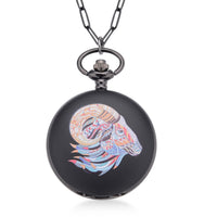STRADA Japanese Movement 3D Printing Ram Pattern Pocket Watch in ION Plated Black Stainless Steel Paper Clip Chain (28-31 Inches)