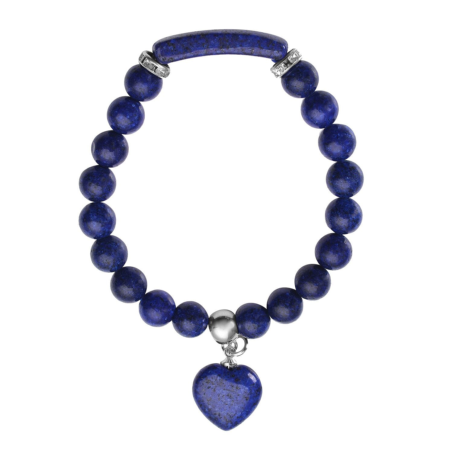 Lapis Lazuli and Austrian Crystal Stretchable Beaded Heart Charm Bracelet in Stainless Steel 94.00 ctw