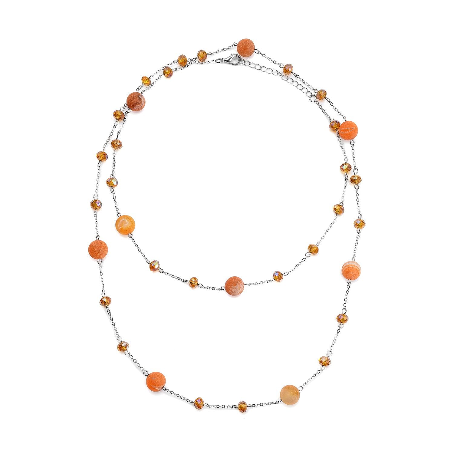 White Drusy Quartz, White Glass Beaded Station Necklace 43-45 Inches in Silvertone 126.00 ctw