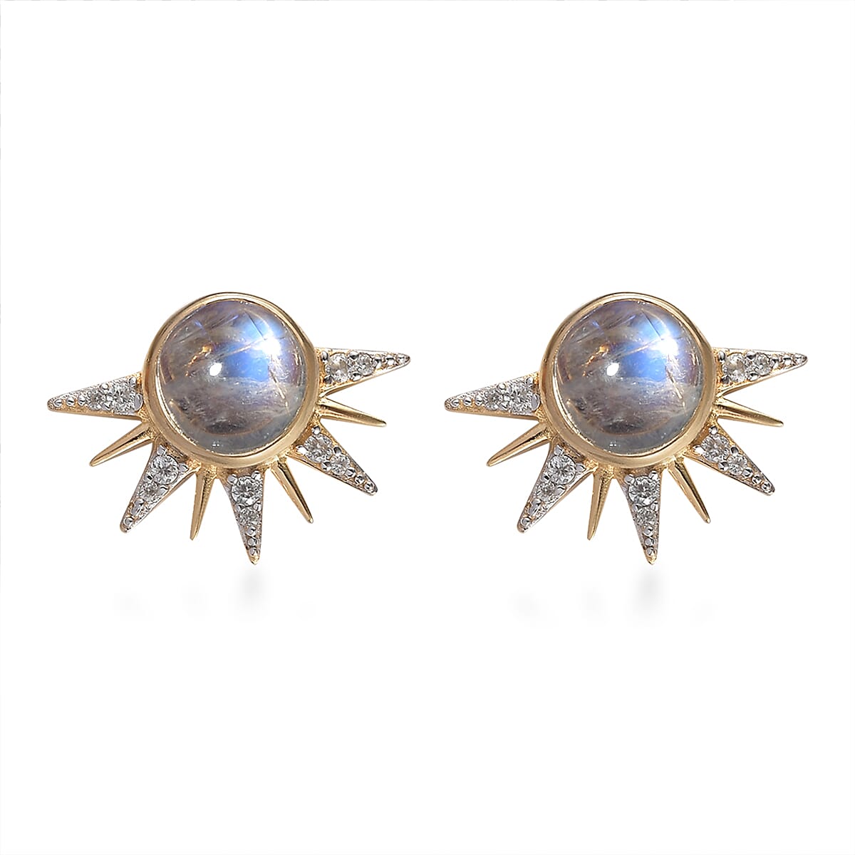 Kuisa Rainbow Moonstone, White Zircon Celestial Sun Statement Earrings in Vermeil YG Over Sterling Silver 3.65 ctw