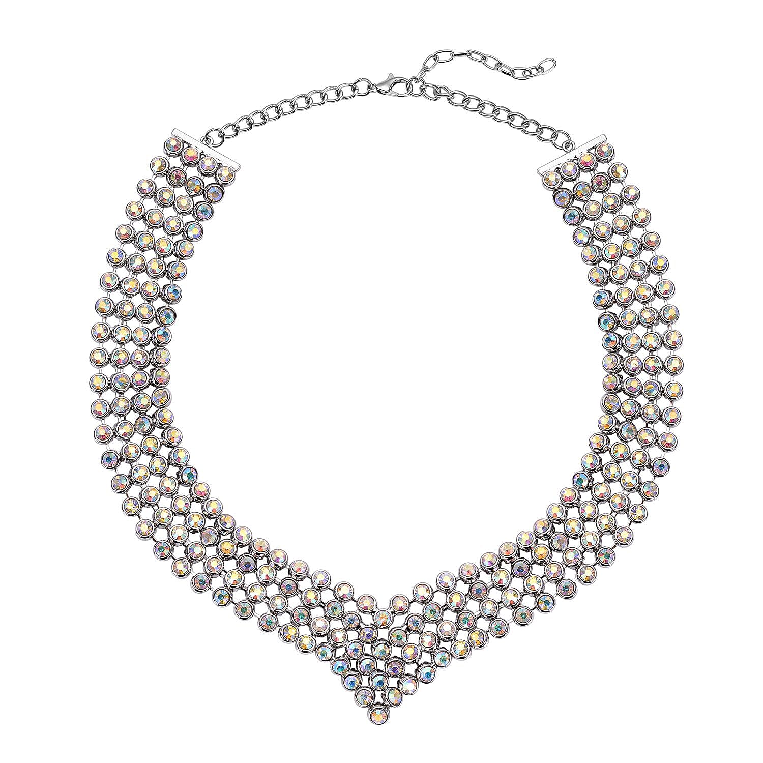 Simulated Aurora Borealis Austrian Crystal Multi Layer Necklace (20-22 Inches) in Silvertone