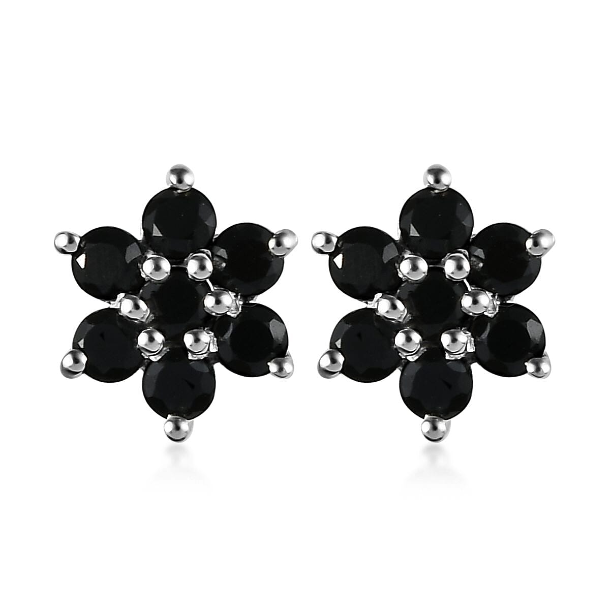 Natural Thai Black Spinel Floral Stud Earrings in Sterling Silver 0.85 ctw