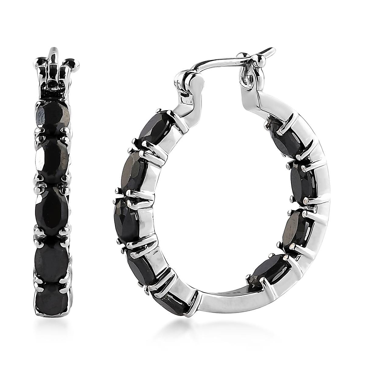 Thai Black Spinel Inside Out Hoop Earrings In Stainless Steel| Black Jewelry For Women| Women's Black Earrings