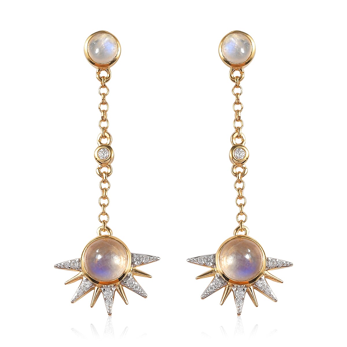 Kuisa Rainbow Moonstone, White Zircon Celestial Sun Drop Statement Earrings in Vermeil YG Over Sterling Silver 4.50 ctw